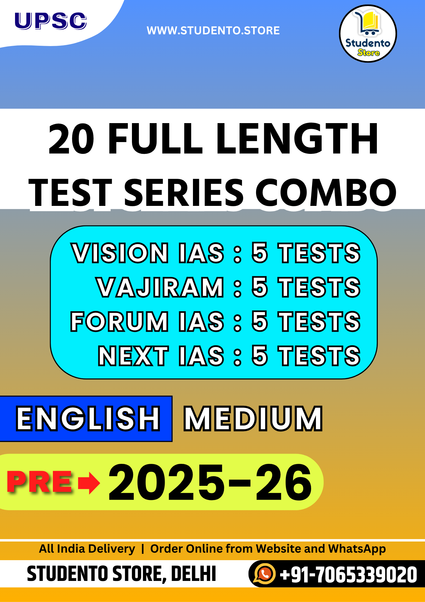UPSC 20 Full Length Test Combo in English (5 Vision + 5 Vajiram + 5 Forum + 5 Next)